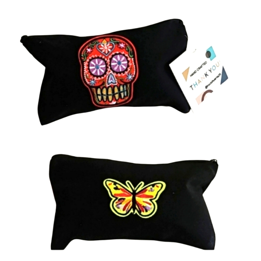 Hand Crafted black canvas pencil case zipper bag embroidery skull & butterfly